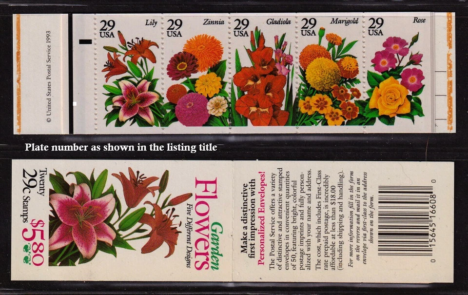 1993 Garden Flowers BK208 (4 panes Sc 2764a) 29c booklet MNH plate number 1 - Image 1 of 1