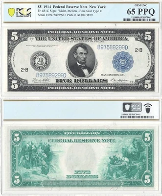 1914 $5 Federal Reserve Note Fr-851c PCGS-65 PPQ - Image 1 of 3
