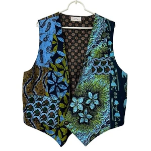 Handmade Womens XL Blue & Green Tropical Floral One Button Vest Boho Tribal - Picture 1 of 8