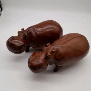 Pair Of Solid Wood Carved Hippos 28cm x 12cm (#H1/28) - Picture 1 of 5