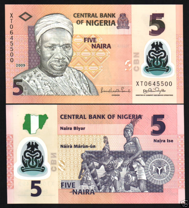 NIGERIA 5 NIARA P-38 2009 POLYMER MAJOR ERROR UNC CURRENCY DANCER BANK NOTE - Image 1 of 1