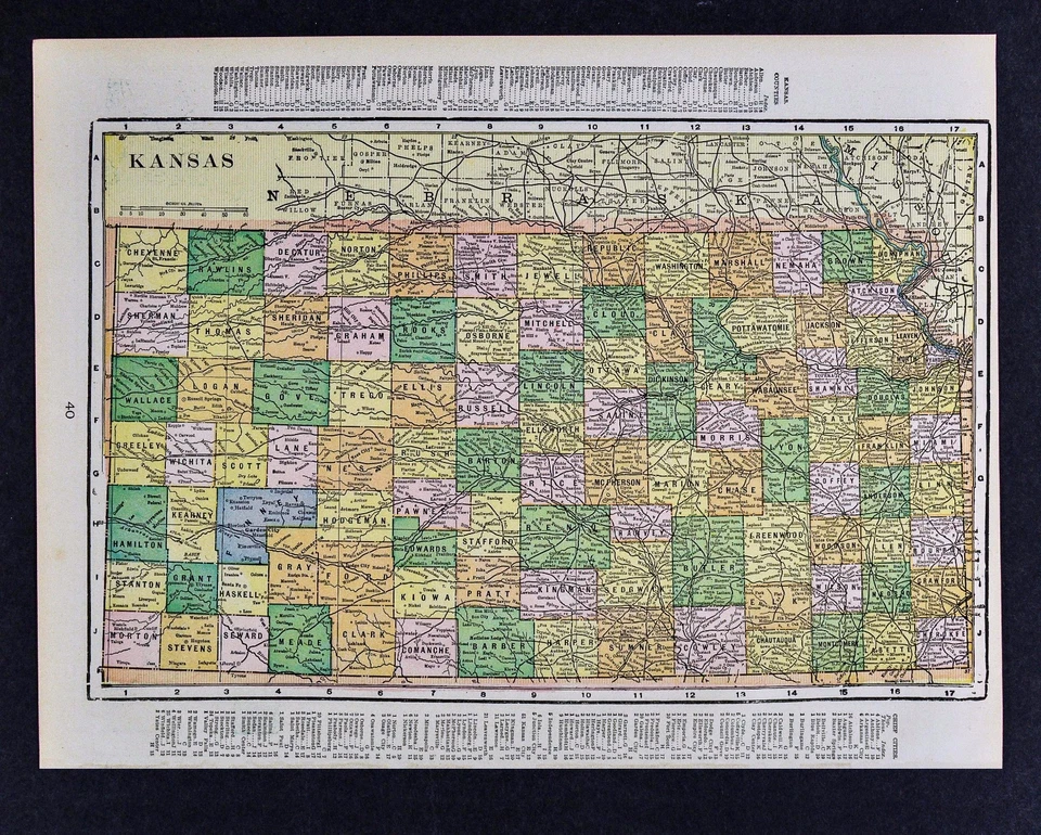 c 1900 George Cram Map Kansas Topeka Wichita Lawrence Winfield Atchison Salina  - Image 1 of 1