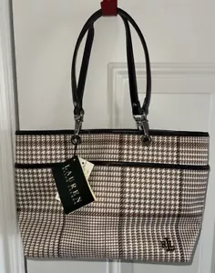Vintage Ralph Lauren Houndstooth Tan Brown Leather Tote Shoulder Bag RLL Y2K - Picture 1 of 9