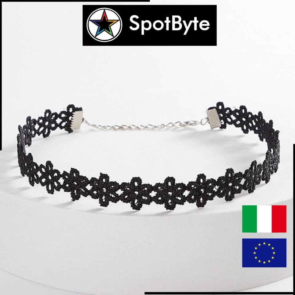 Collana Donna Fascia Girocollo con Motivo Floreale Tutto Nero Elastico - Immagine 1 di 1