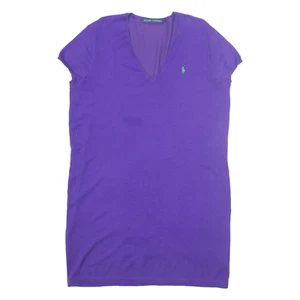 RALPH LAUREN Womens Jumper Dress Purple Knit Short Sleeve Knee Length L - Picture 1 of 6