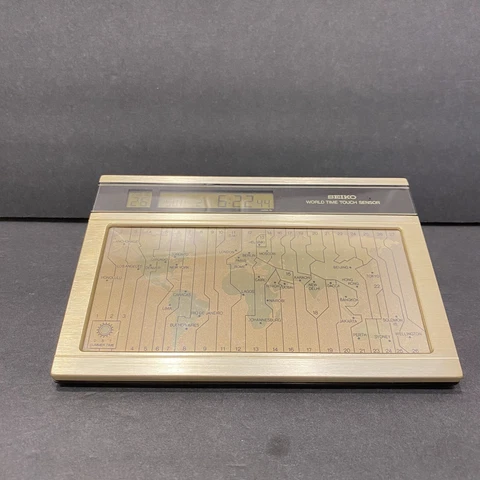 Vintage SEIKO World Time Touch Sensor Desk Clock Bronze Gold Tested WORKS Cover