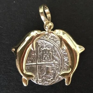 Atocha Jewelry - 2 Reale Silver Coin Pendant w/14K Gold Double Dolphin Frame - Picture 1 of 5