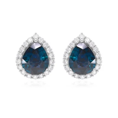 6.09 TCW Pear Blue Sapphire Lab Grown CVD Diamond Stud Earrings 14k White Gold - Image 1 of 4