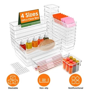 25PCS Clear Plastic Drawer Organizer Set Makeup Jewelry Kitchen Bedroom Office - Picture 1 of 17