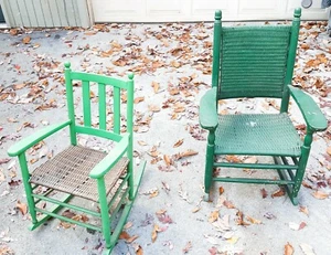 Antique Set Green Rocking Chairs Wooden & Wicker Child Rocker Outdoor Porch x 2 - Picture 1 of 9