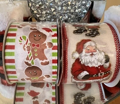 Lot Of 2 Santa And Gingerbread Ribbon Christmas Ribbons Wired 2.5inx30ft New - Image 1 of 3