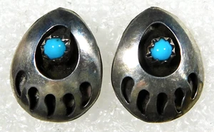NATIVE AMERICAN STERLING TURQUOISE HANDMADE Post SHADOWBOX Bear Paw EARRINGS - Picture 1 of 2