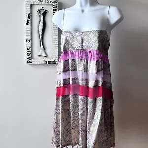 Y2K Cynthia Rowley mini babydoll abito donna slip seta stampa paisley taglia 10 - Foto 1 di 12