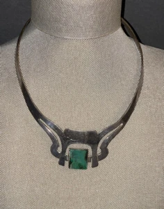 Unique Mexican Geometric Necklace/Choker Sterling Silver 925 Green Malachite 49g - Picture 1 of 10