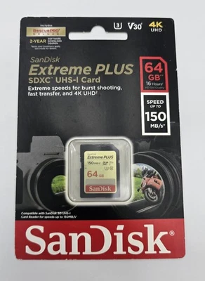 NEW SanDisk SDSDXW6-064G-ANCIN Extreme PLUS 64GB SDXC UHS-I Memory Card 4K UHD - Image 1 of 2