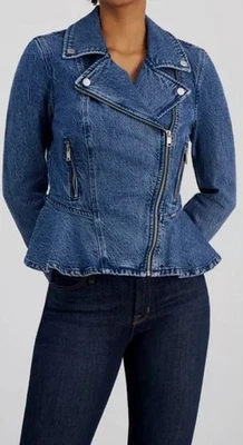 Chaqueta Guess Mujer Azul Mac Denim Moto Peplum Talla Pequeña Foto 1 de 2