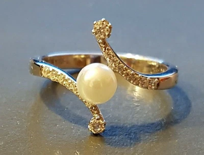 Anello In Argento Massiccio 950/1000, Perla Di Cultura E Strass - Taglia 56 - Immagine 1 di 4