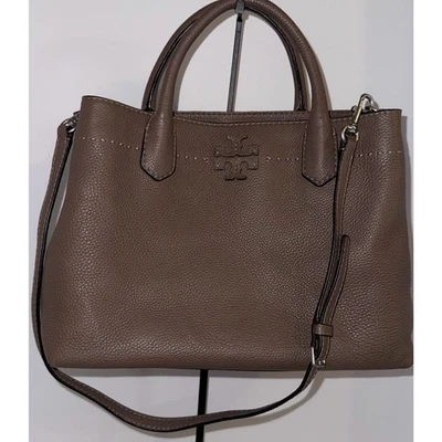 Tory Burch Leather Tote Bag Taupe Top Handle Shoulder Strap Satchel Used - Image 1 of 4