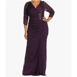 Adrianna Papell aubergine verziertes 3/4 Ärmel gerafftes Abendkleid Größe 8 - Bild 1 von 14