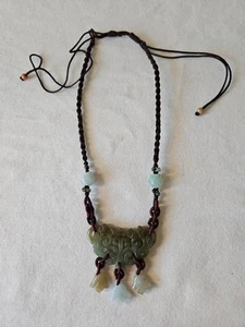 Vintage Carved Jadeite Jade Chinese Symbol Cord Adjustable Necklace - Picture 1 of 6