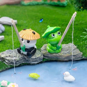 Fishing Frog Panda Figurines Ornament Creative Animal Figure Doll Desktop Decor - Picture 1 of 12