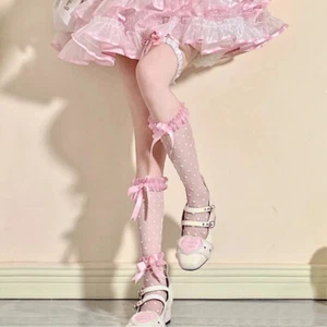 Calzini Lolita fiocco pois vetro seta pizzo JK rosa ragazze donne simpatici pizzo - Foto 1 di 9