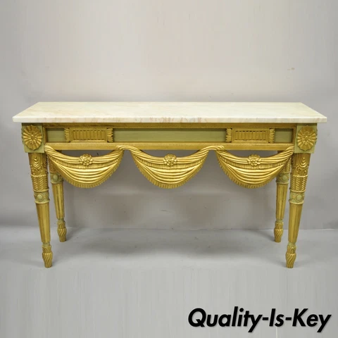 Italian Regency Neoclassical Green Gold Marble French Louis XVI Console Table Cover