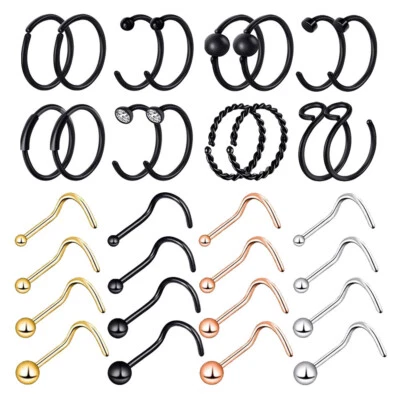 30-42PCS Opal/Crystal Nose Hoop Rings 20G 316L Steel Screw Pin Stud Piercing Kit - Image 1 of 4