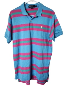 VTG Polo Ralph Lauren Mens L Striped Polo Shirt Embroidered Pony Logo Blue Pink - Picture 1 of 4