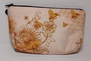 Bolsa de cosméticos de maquillaje amarillo y bronceado con patrón de abeja y girasol. 9"×5". Nuevo - Imagen 1 de 5