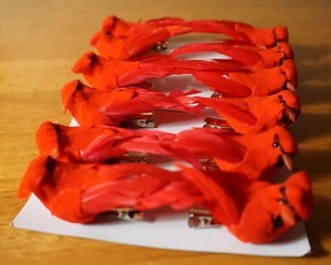 12 Clip On Red Bird Cardinal Christmas Ornaments Real Feather Tails Cabin Decor - Picture 1 of 5