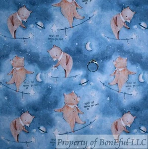 BonEful Fabric FQ Cotton Quilt Blue Sky Cloud Brown Bear White Star Moon Baby US - Picture 1 of 14