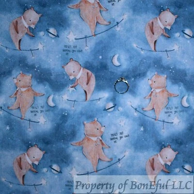 BonEful Fabric FQ Cotton Quilt Blue Sky Cloud Brown Bear White Star Moon Baby US - Image 1 of 4