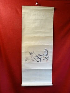 Chinese Re Yi Ren Bo Nian scroll woodblock hand coloured print birds branch art - Picture 1 of 8