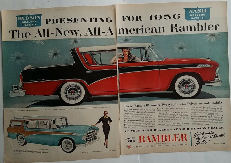 1956 red Hudson Nash Rambler 4 door hardtop cross country station wagon car ad - Image 1 of 1