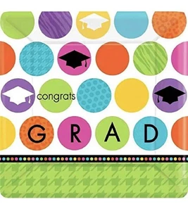 Colorful Commencement Congrats Grad Graduation Party 10" Square Banquet Plates - Picture 1 of 3