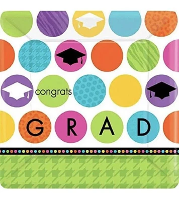 Colorful Commencement Congrats Grad Graduation Party 10" Square Banquet Plates - Image 1 of 3