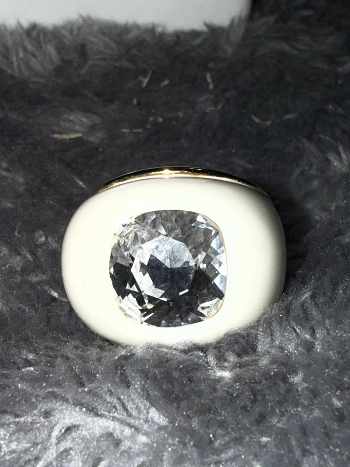 vintage KJL Kenneth Jay Lane OFF white ENAMEL yellow GOLD HUGE rhinestone RING 7 - Image 1 of 4