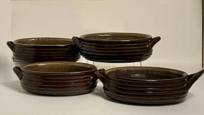 Crate & Barrel Brunswick Stoneware Au Gratin Bowls Brown Ribbed Set of 4  - Image 1 of 4
