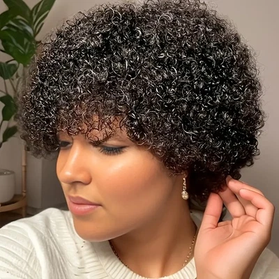 Black Color Curly Brazilian Wigs Hair Wigs Short Pixie Cut Machine Made Wigs - Image 1 of 4