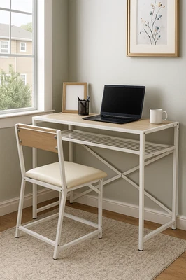Compact Desk & Chair Set Office Study Table with Metal Frame & Cushion Seat New - Image 1 of 4