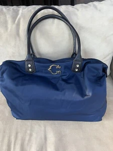 C Wonder Navy Nylon Waterproof L Tote Shoulder Bag Brown Faux Leather Handle - Picture 1 of 6