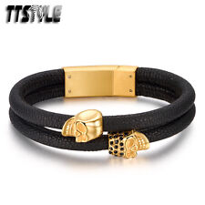 TTstyle Leather Gold Tone Skull 316L Stainless Steel Bracelet Wristband 
