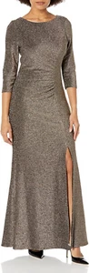S.L. Fashions Women's Long Metallic Side Ruched Dress with Slit, 16P - Picture 1 of 3