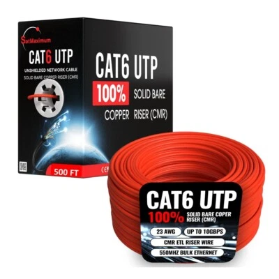500FT Red CAT6 ETL CMR Ethernet Cable 23AWG UTP 550Mhz Solid Bare Copper Wire - Image 1 of 4