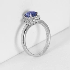 Platinum Halo Diamond & Sapphire Engagement Ring - Picture 1 of 5