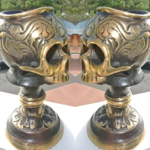 2 SKULL head CANDLE STICK BRASS old vintage style collect 5.1/2" aged heavy B - Picture 1 of 8