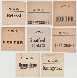 8x Railway Luggage Labels GWR Basingstoke Ilfracombe Snow Hill Shrewsbury etc - Picture 1 of 1
