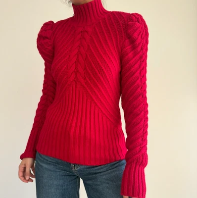 Suéter Casa Blanca Mercado Negro Medio Rojo Tejido con Cable Manga Abullonada Cuello Alto Foto 1 de 4