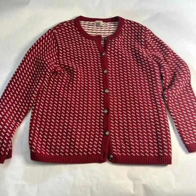 Cardigã suéter feminino LL Bean vintage vermelho branco ilha justa malha botão frontal lã L - Imagem 1 de 4